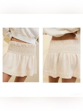 Aerie Feeling Femme Mini Skirt Smocking Fleece Terry Cloth Cream Stretchy Sz S